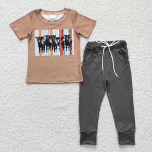 Cattle Khaki Gray Boys Short Sleeve+Trousers Sets