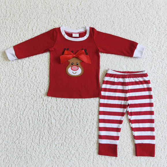 Reindeer Embroidery Red Stripes Girls Christmas Pajamas