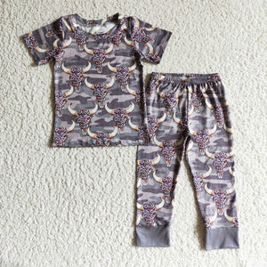 Leopard Print Highland Cow Camo Boys Short Sleeve Pajamas