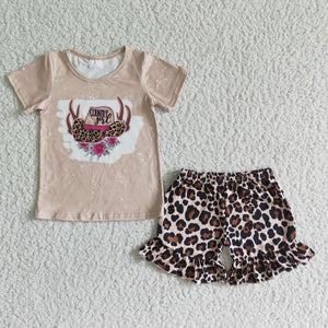Promotional Country Girl Khaki Leopard Print Girls Shorts Sets