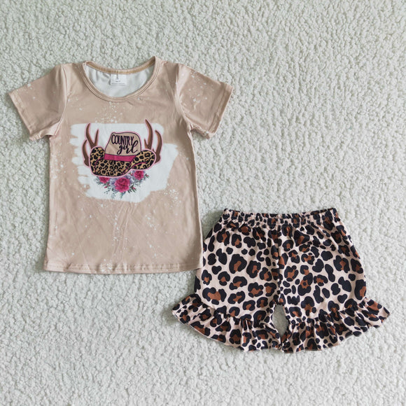 Promotional Country Girl Khaki Leopard Print Girls Shorts Sets