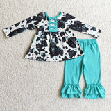 Bows Cow Print Blue Girls Long Sleeve+Trousers Sets