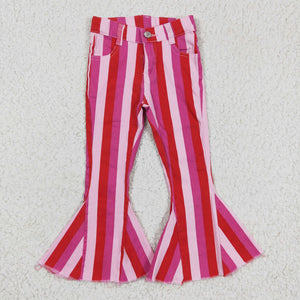 Hot Pink Red Stripes Flared Girls Jeans Pants