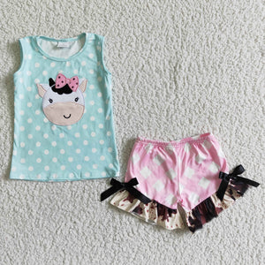 Promotional Cow Embroidery Green Pink Plaid Girls Shorts Sets