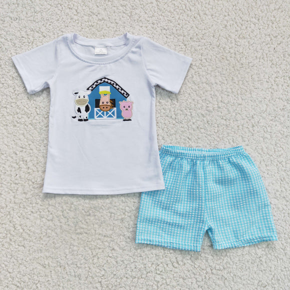 Promotional Cow Pig Embroidery Boys Shorts Sets