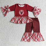 Reindeer Flared Sleeve Plaid Red Girls Christmas Outfits
