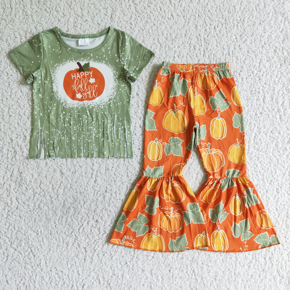 Promotional Happy Fall Pumpkin Tassels Girls Short Sleeve+Trousers Sets