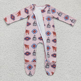Highland Cow Aztec Pink Girls Fall Romper