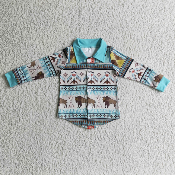 Bull Eagle Aztec Sky Blue Collar Polo Boys Long Sleeve Top