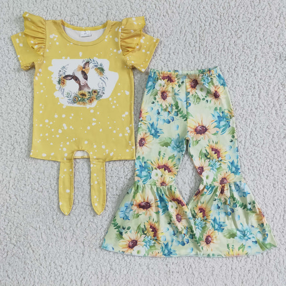 Cow Sunflower Floral Criss-Cross Yellow Girls Short Sleeve+Trousers Sets