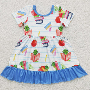 Apple Book Blue Ruffles Girls Back to School Dress