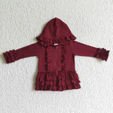 Solid Dark Red Ruffle Girls Hoodie Top