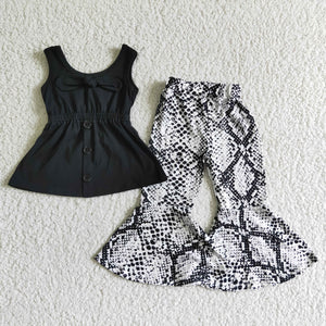 Promotional Unique Bow Black Snake Print Girls Short Sleeve+Trousers Sets
