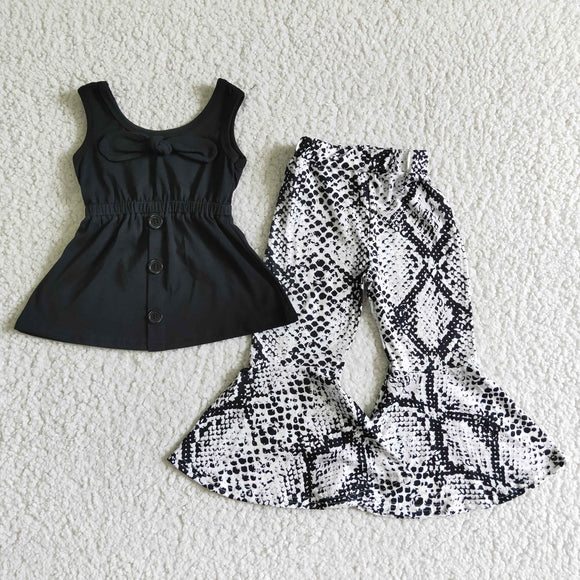 Promotional Unique Bow Black Snake Print Girls Short Sleeve+Trousers Sets