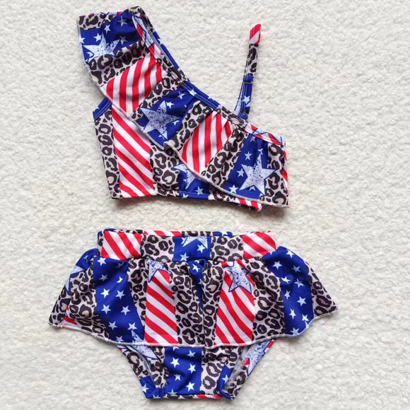 Stars Leopard Print Girls 4th of July Swimsuits