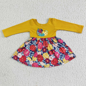 Promotional Three Pumpkins Embroidery Floral Yellow Girls Long Sleeve Dress