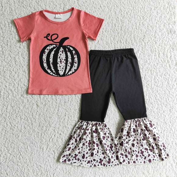 Pumpkin Red Black Girls Short Sleeve+Trousers Sets