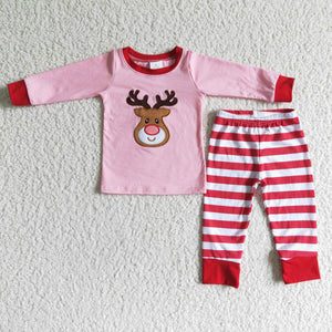 Reindeer Embroidery Red Stripes Pink Girls Christmas Pajamas
