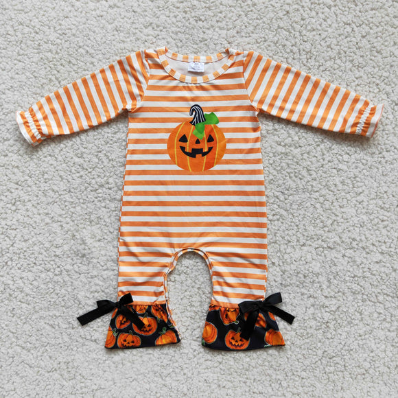 Orange Stripes Bows Girls Halloween Romper