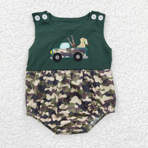 Jungle Hunting Dog Camo Green Boys Summer Romper