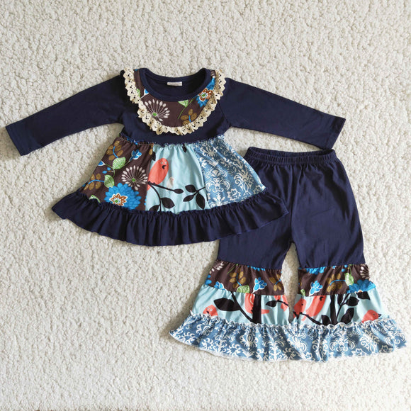 Promotional Floral Birds Lace Girls Long Sleeve+Trousers Sets