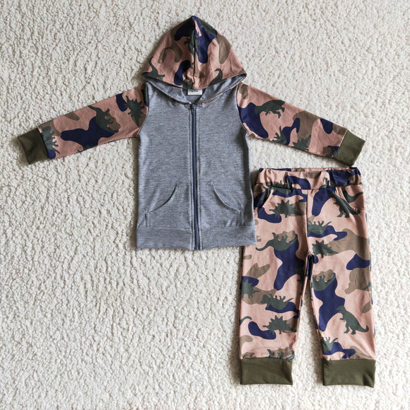 Camo Dinosaur Gray Zipper Boys Fall Hoodie Sets