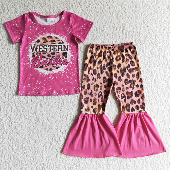 Cartoon Dolls Western Letters Leopard Print Hot Pink Girls Short Sleeve+Trousers Sets
