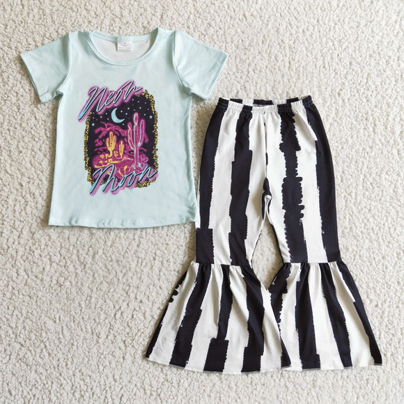 Promotional Moon Letters Stripe Blue Girls Short Sleeve+Trousers Sets