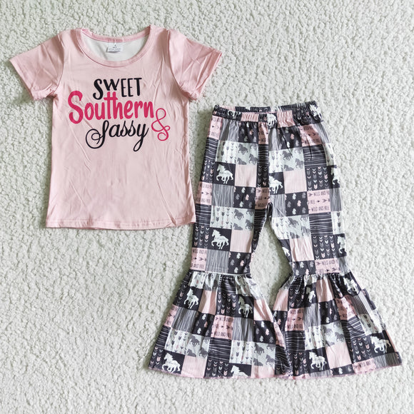 Promotional Sweet Southern Pink Girls Short Sleeve+Trousers Sets