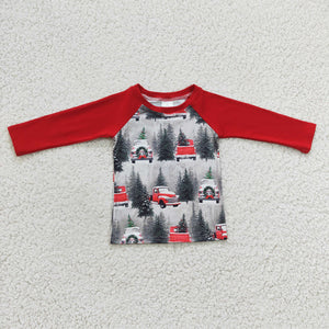 Car Tree Snow Red Boys Christmas Top