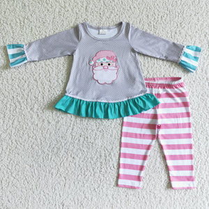 Promotional Santa Embroidery Gray Pink Stripes Girls Christmas Outfits