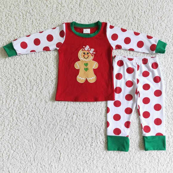 Gingerbread Embroidery Red Polka Dots Girls Christmas Pajamas