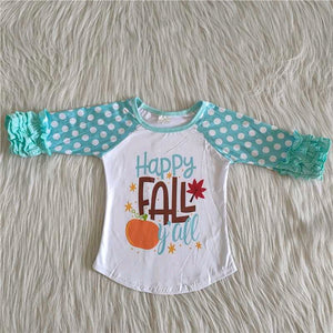 Happy Fall Y'all Pumpkin Sky Blue Girls Long Sleeve Top