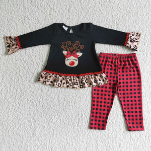 Reindeer Embroidery Red Black Legging Girls Christmas Outfits