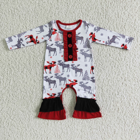 Reindeer Red Black Ruffles White Girls Christmas Romper