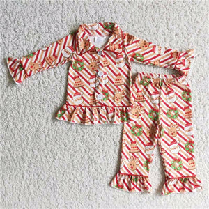 Promotional Santa Reindeer Red Stripes Collar Girls Christmas Pajamas