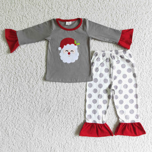 Santa Embroidery Gray Polka Dots Girls Christmas Pajamas