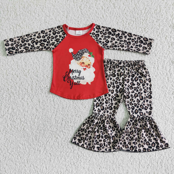 Leopard Print Santa Girls Red Merry Christmas Outfits