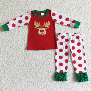 Promotional Reindeer Embroidery Red White Polka Dots Girls Christmas Pajamas