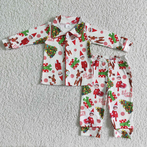 Cartoon Reindeer Trees Collar White Boys Christmas Pajamas