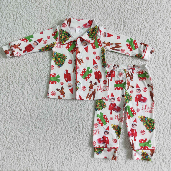 Cartoon Reindeer Trees Collar White Boys Christmas Pajamas