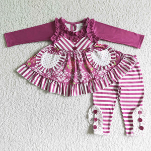 Promotional Floral Pockets Purple Ruffles Stripes Legging Girls Long Sleeve+Trousers Sets