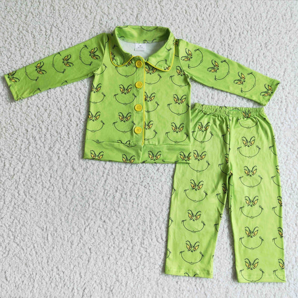 Cartoon Smile Green Collar Boys Christmas Pajamas