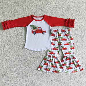 Car Tree Red Ruffles White Girls Christmas Outfits