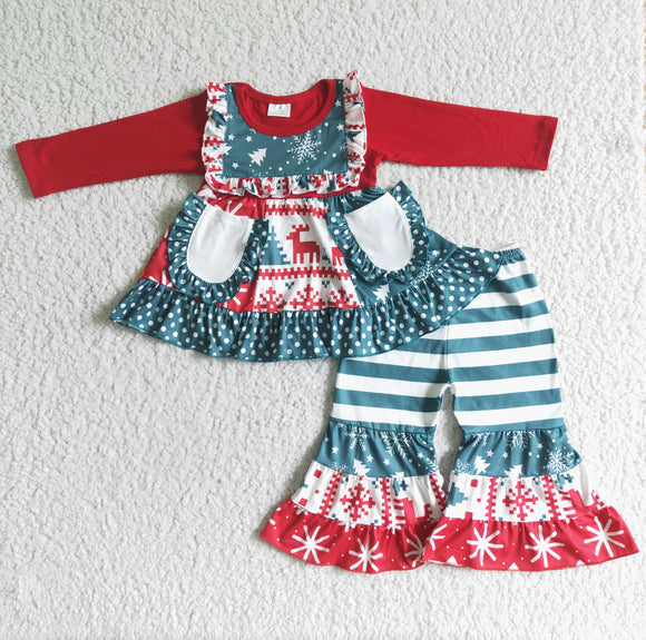 Reindeer Trees Pockets Green Stripes Girls Christmas Outfits