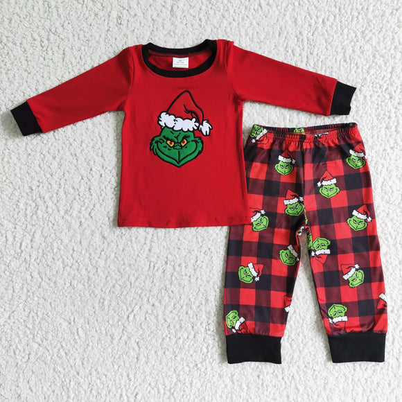 Promotional Cartoon Embroidery Plaid Red Boys Christmas Pajamas