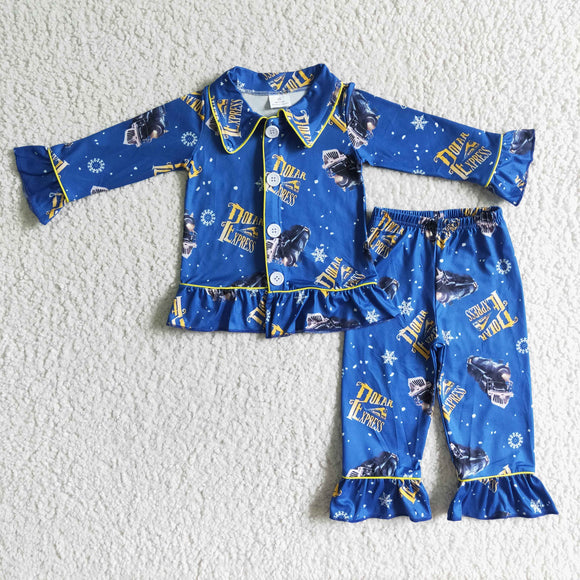 Cartoon Train Blue Collar Girls Christmas Pajamas