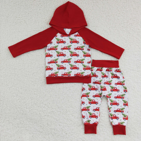 Promotional Trees Truck Red Hoodie Sets Boys Christmas Outfits