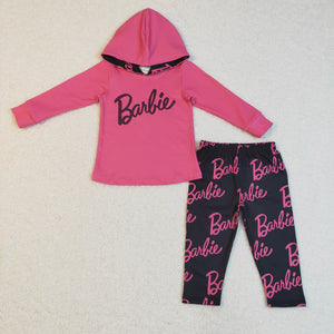 Cartoon Dolls Letters Hot Pink Girls Fall Hoodie Sets