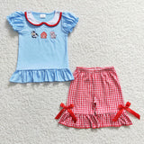 Cow House Pig Blue Red Plaid Girls Shorts Sets